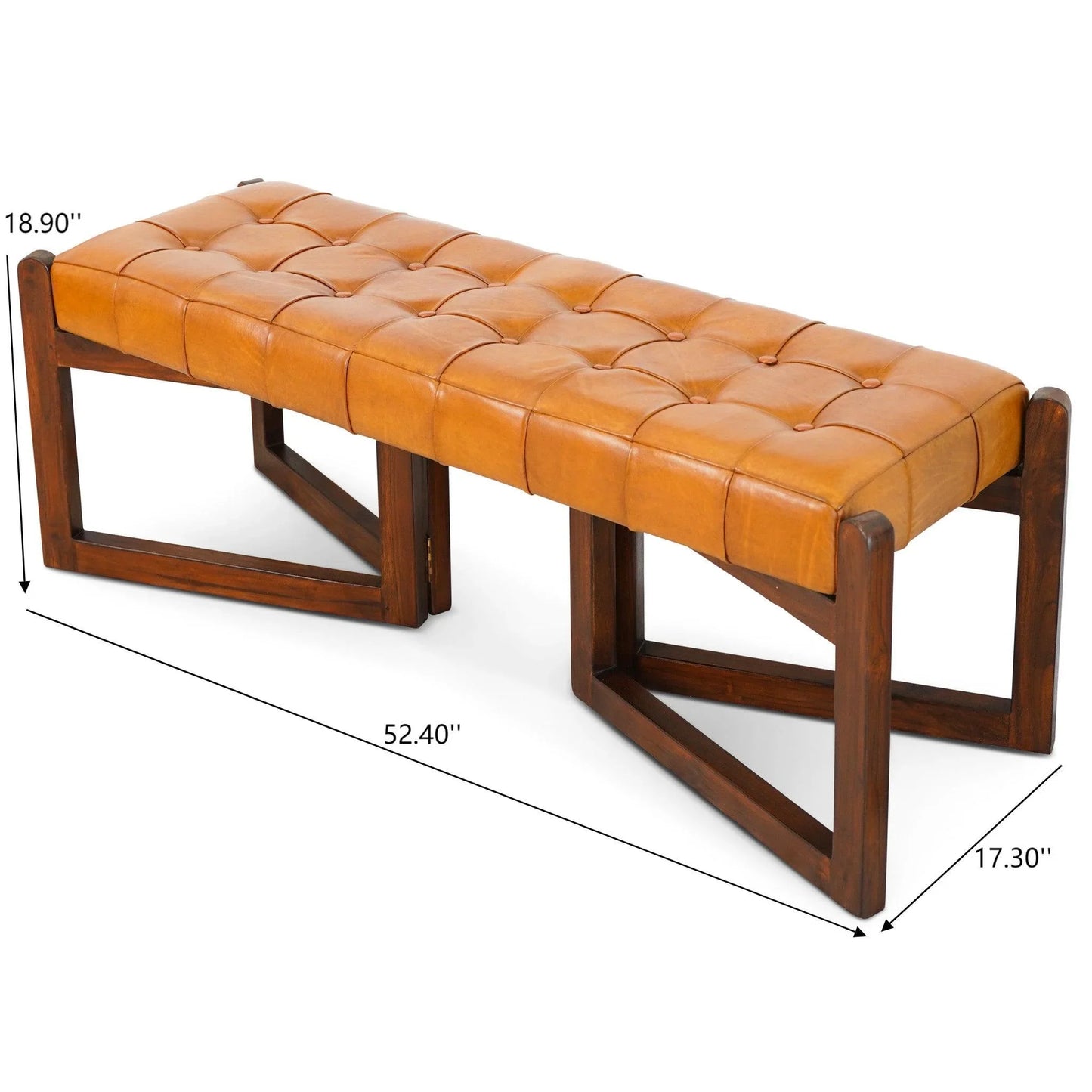 Modern tufted tan leather bench with wooden frame, labeled dimensions 52.4x17.3x18.9 inches