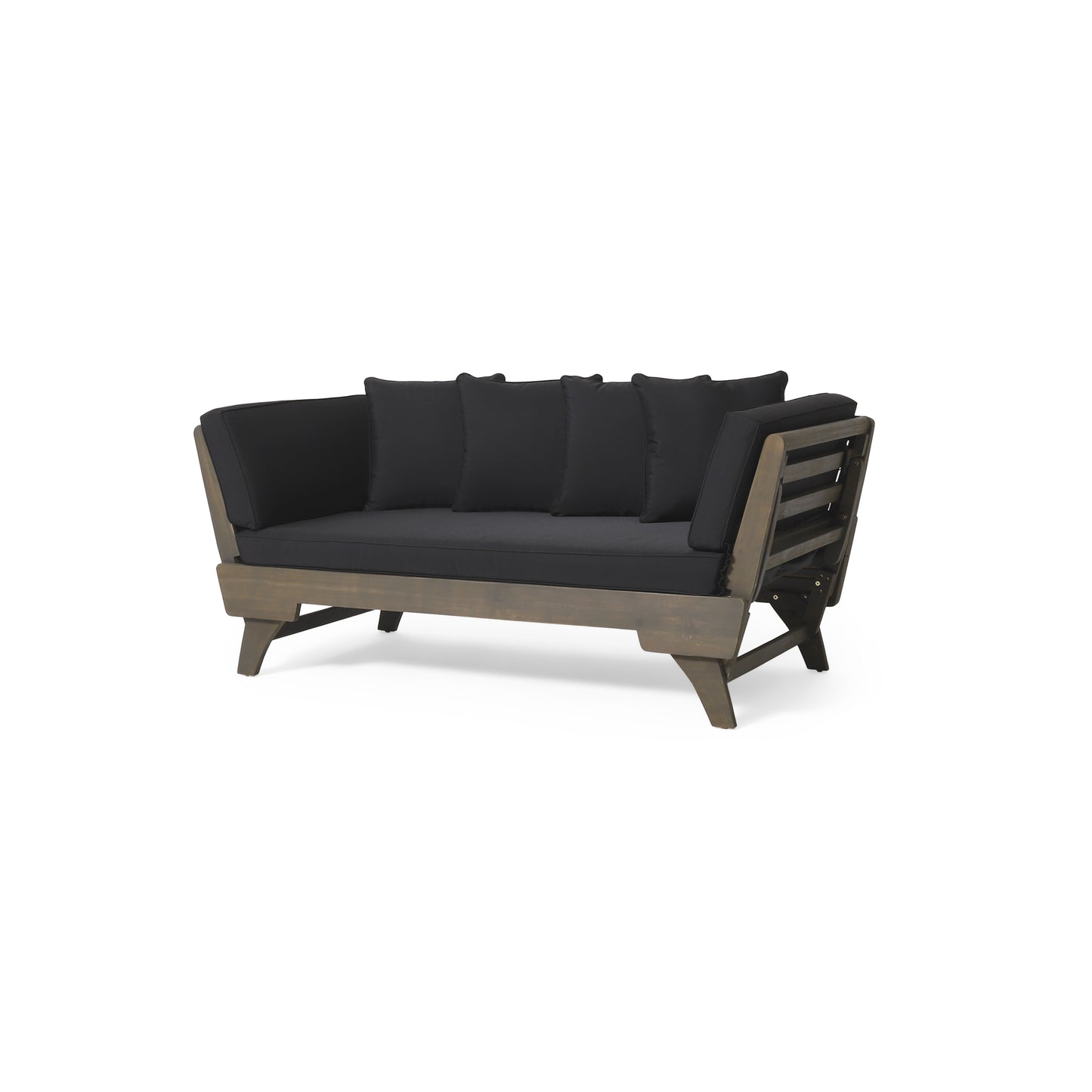 Outdoor Patio Daybed Sofa, 3-Seat Sofa with Foldable Arm 4 Back Pillows, Grey Acacia Wood Frame, Black Removable Cushion