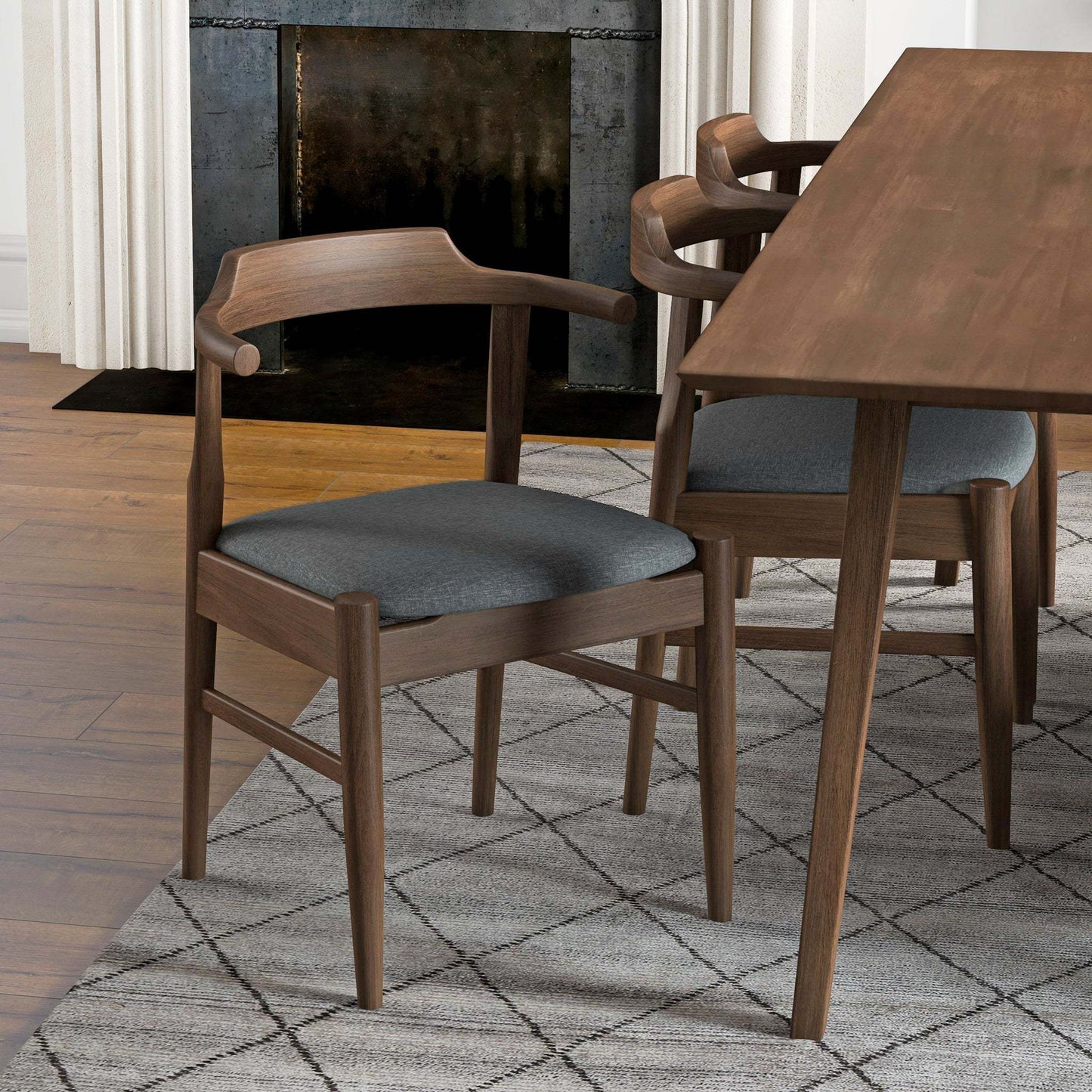 Modern wood dining chair with gray cushion at dining table on patterned rug, FredCo International