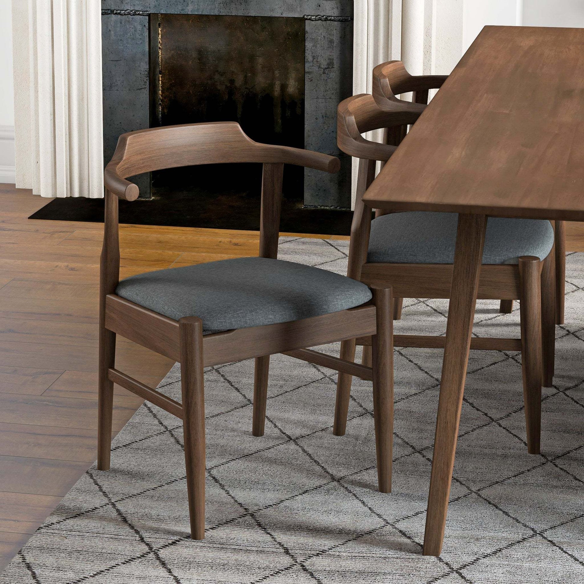 Modern wood dining chair with gray cushion at dining table on patterned rug, FredCo International