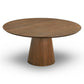 Modern round wooden dining table with cone pedestal base, FredCo International furniture.