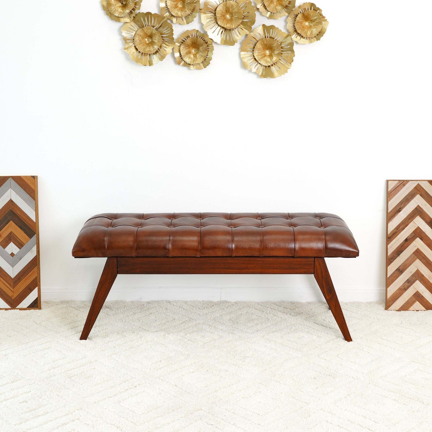 Maja Mid Century Modern Tan Leather Bench with Solid Wood Frame and Tapered Legs 17.7'H x 47.2'W x 15.7'D for Living Room Bedroom Waiting Room FredCo