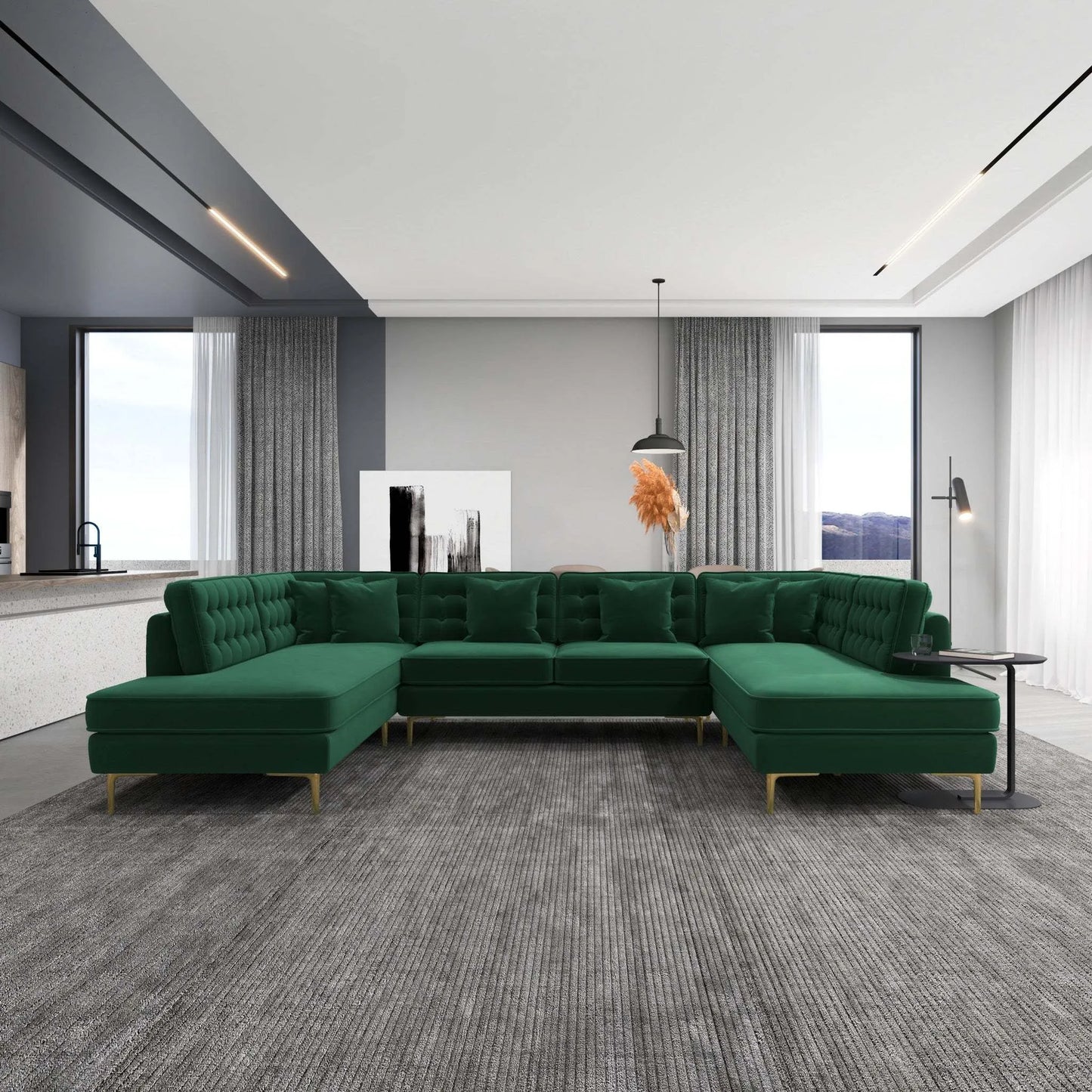 Modern living room with large green sectional sofa, gray rug, and contemporary decor