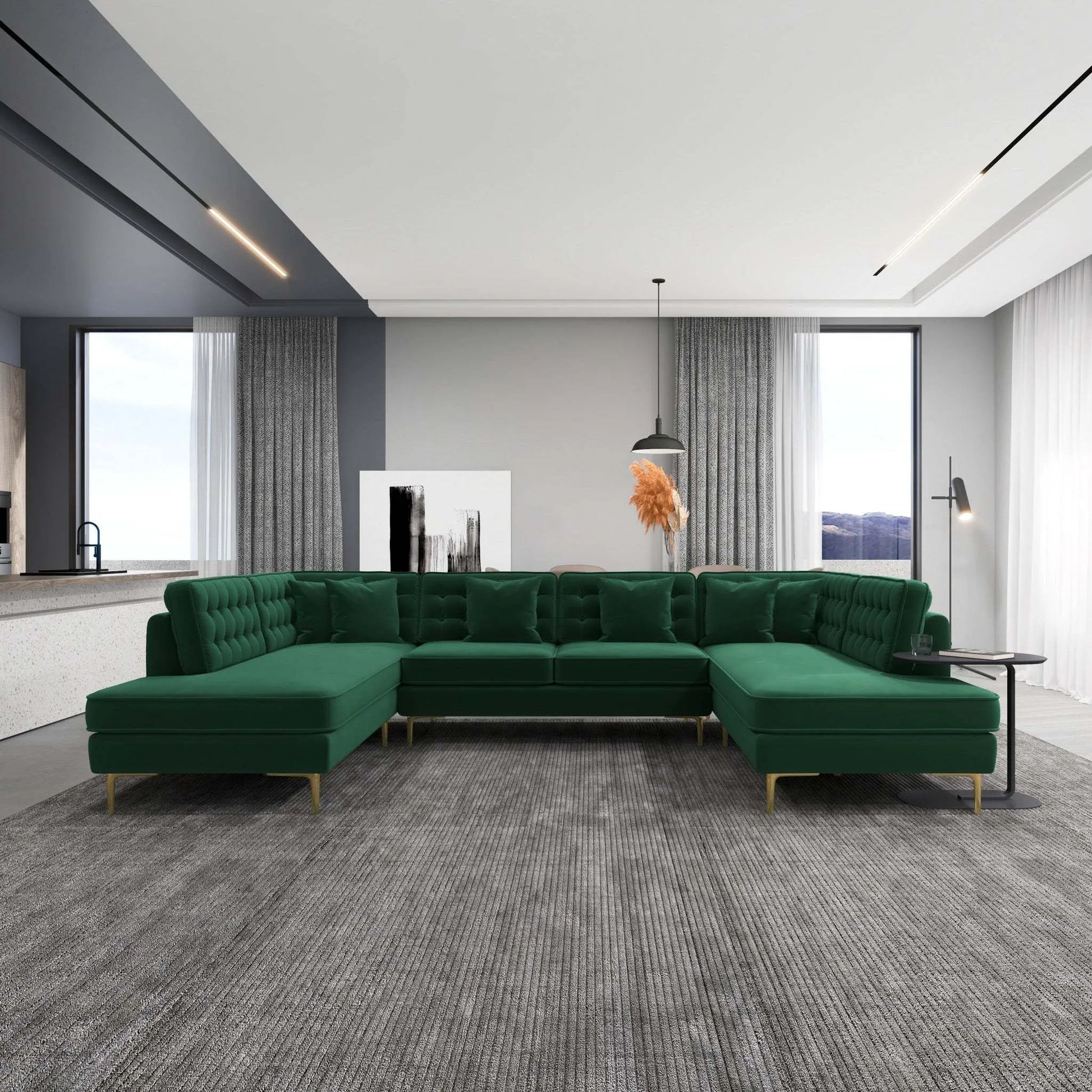 Modern living room with large green sectional sofa, gray rug, and contemporary decor