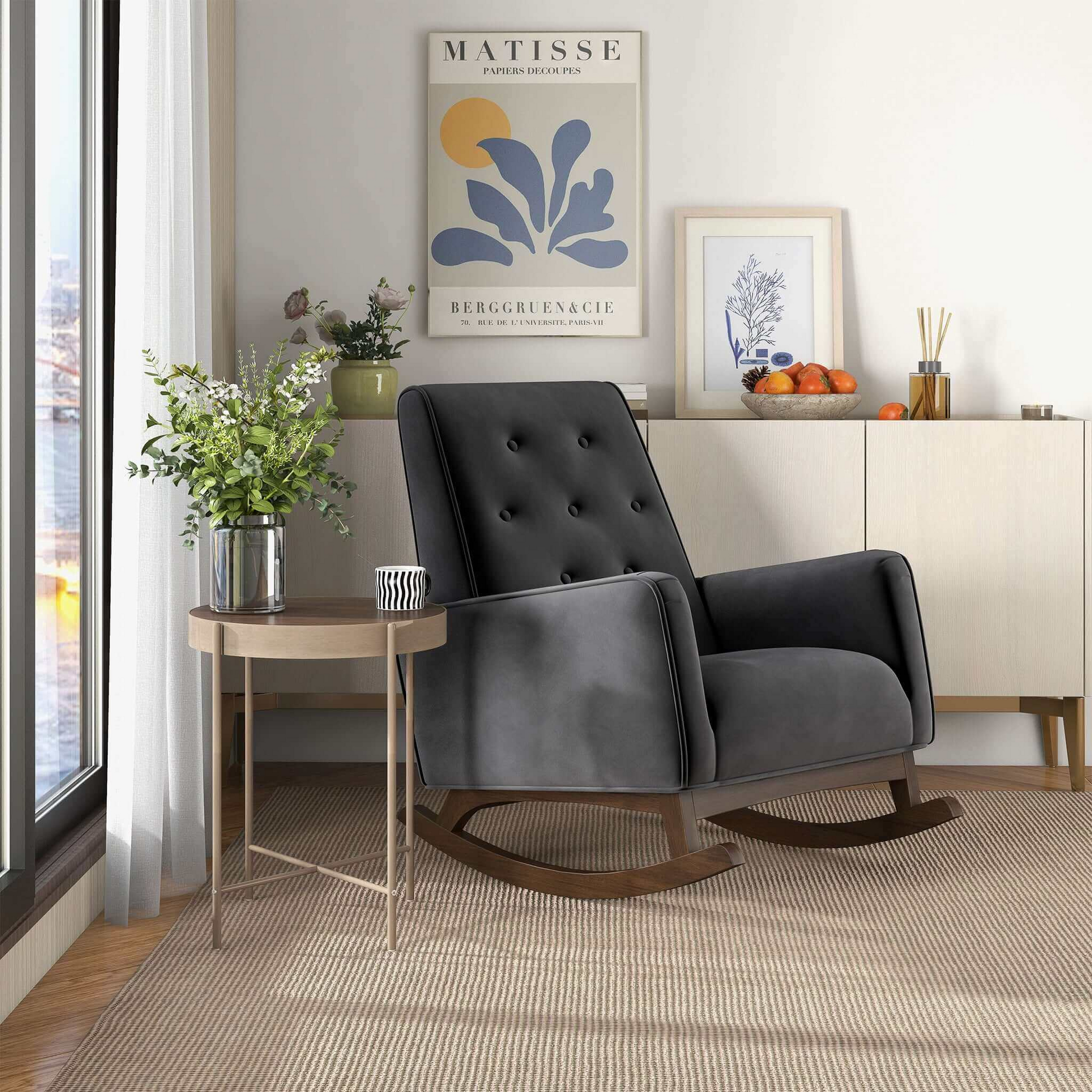 Elegant Style Demetrius Dark Grey Fabric Rocking Chair with Solid Wood Frame for Living Room and Nursery 36.6'H x 27.5'W x 39'D for Living Room Bedroom Reading FredCo