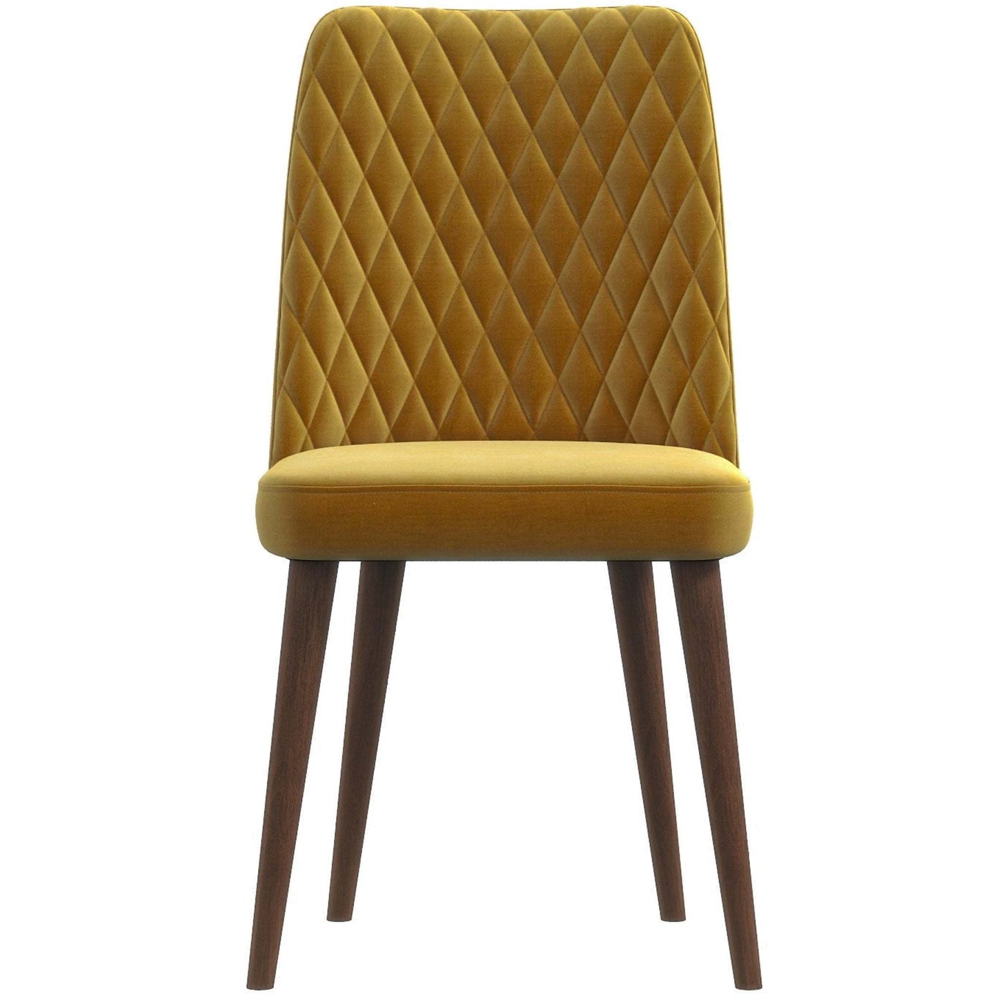 Yellow velvet dining chair with diamond-stitched back and wooden legs, FredCo International furniture