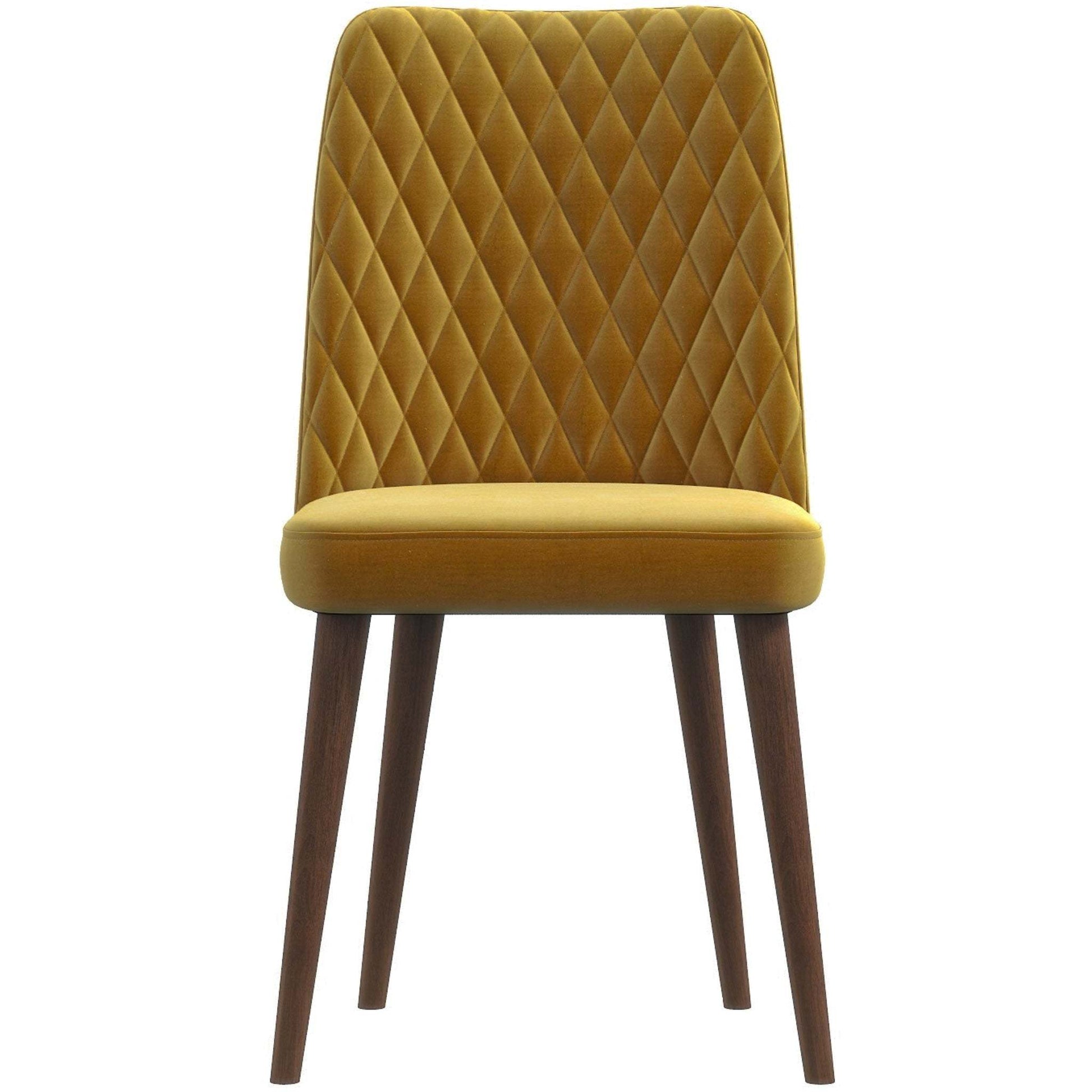 Yellow velvet dining chair with diamond-stitched back and wooden legs, FredCo International furniture