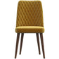 Yellow velvet dining chair with diamond-stitched back and wooden legs, FredCo International furniture