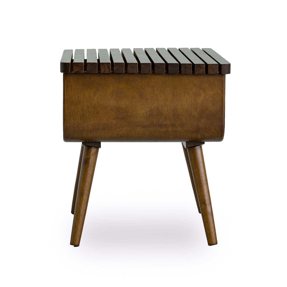 Mid-century modern wooden side table with slatted top, four angled legs, FredCo International furniture