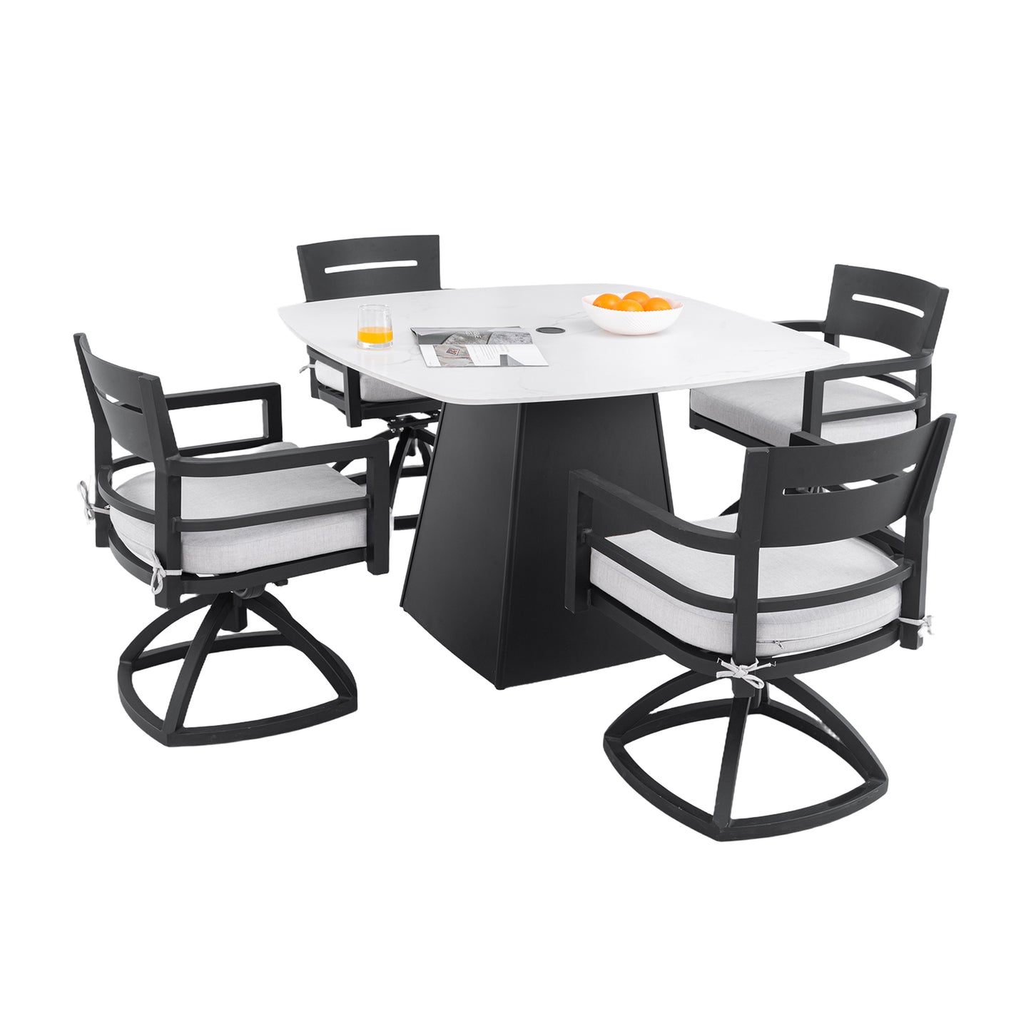 Modern 5PC Outdoor Patio Dining Set,Squircle 44'x44' Dining Table with Greek White Marble-Inspired Sintered Stone Top,Flared Pyramid Aluminum Base,Ember Black, 4 Swivel Rockers with Sunbrella Cushions