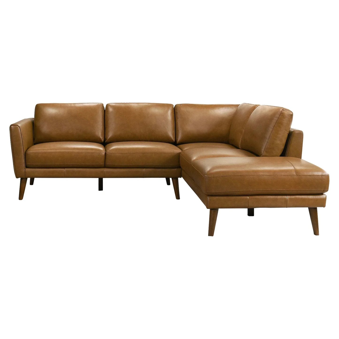 Modern brown leather sectional sofa with chaise, mid-century style, FredCo International furniture
