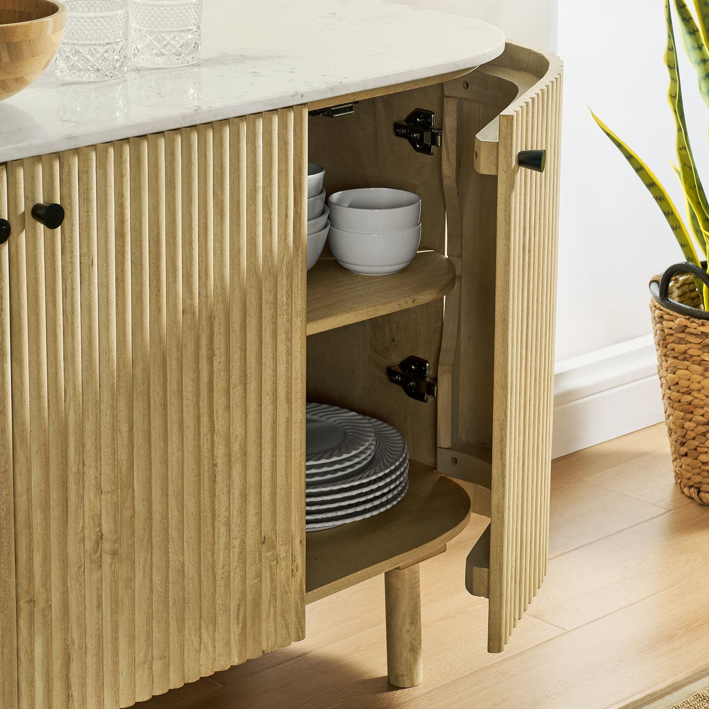 Caldera 60" Curved Solid Wood and Marble Sideboard Storage Cabinet by Modway EEI-7355 FredCo