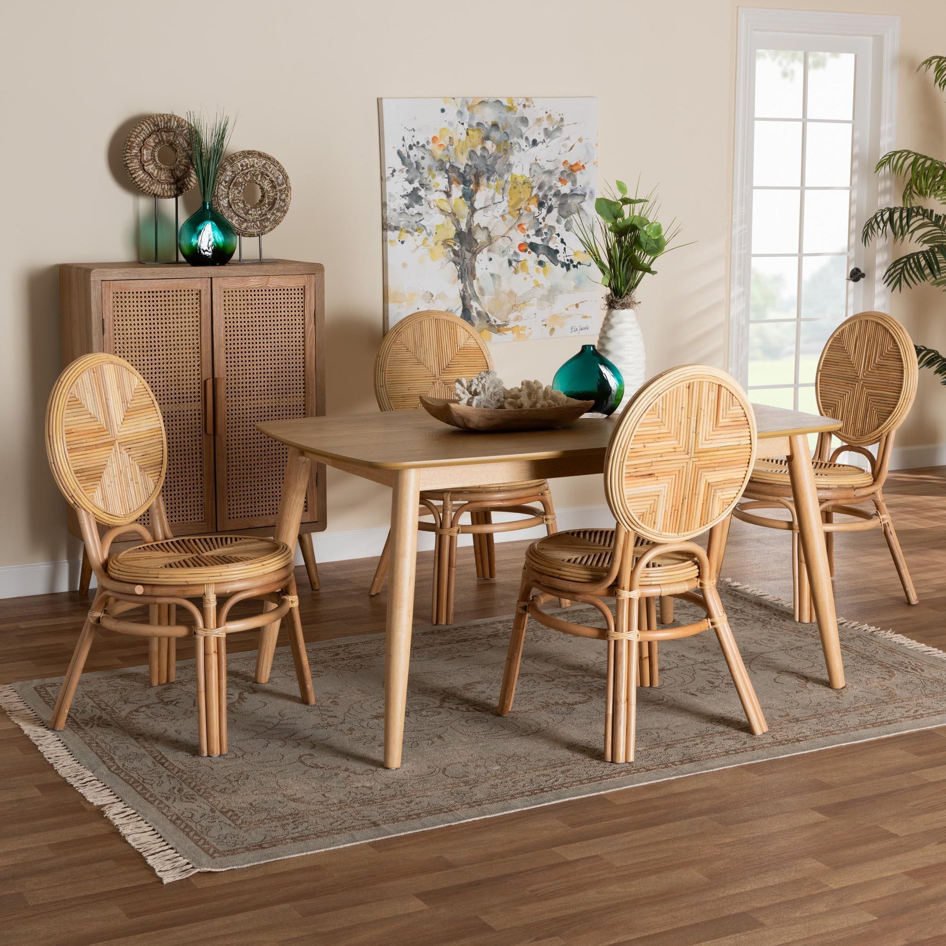 Carita Modern Bohemian Natural Brown Rattan 5-Piece Dining Set FredCo