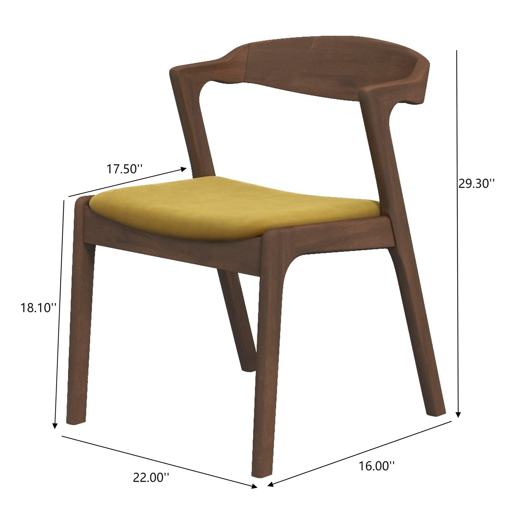 Dakota Dark Yellow Velvet Dining Chair (Set of 2) With Solid Wood Legs and Mid-Century Modern Design 29.3'H x 16'W x 22'D FredCo