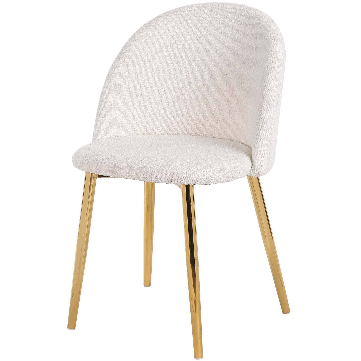 Modern white upholstered chair with gold metal legs, stylish dining room furniture