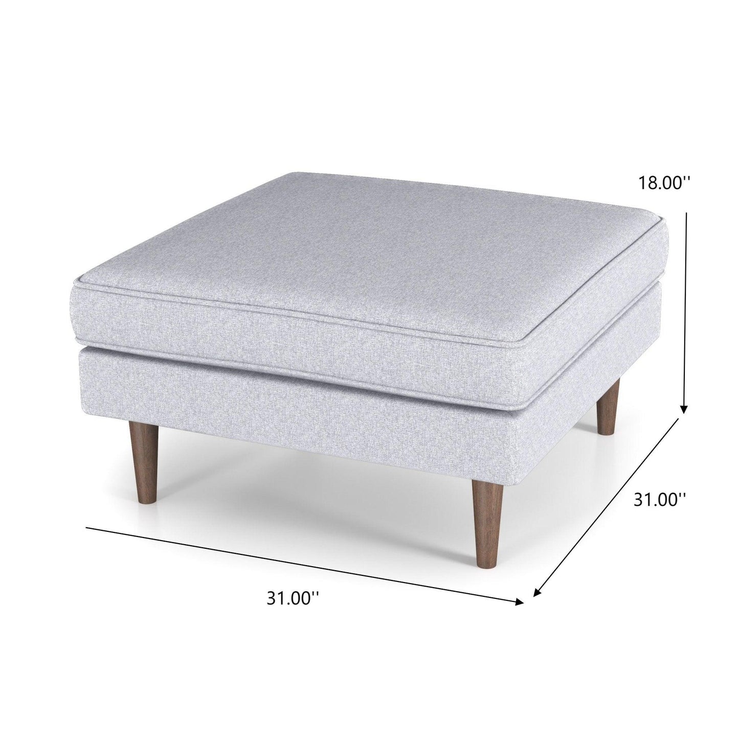 Light grey upholstered ottoman with wooden legs, 31x31x18 inches, FredCo International furniture