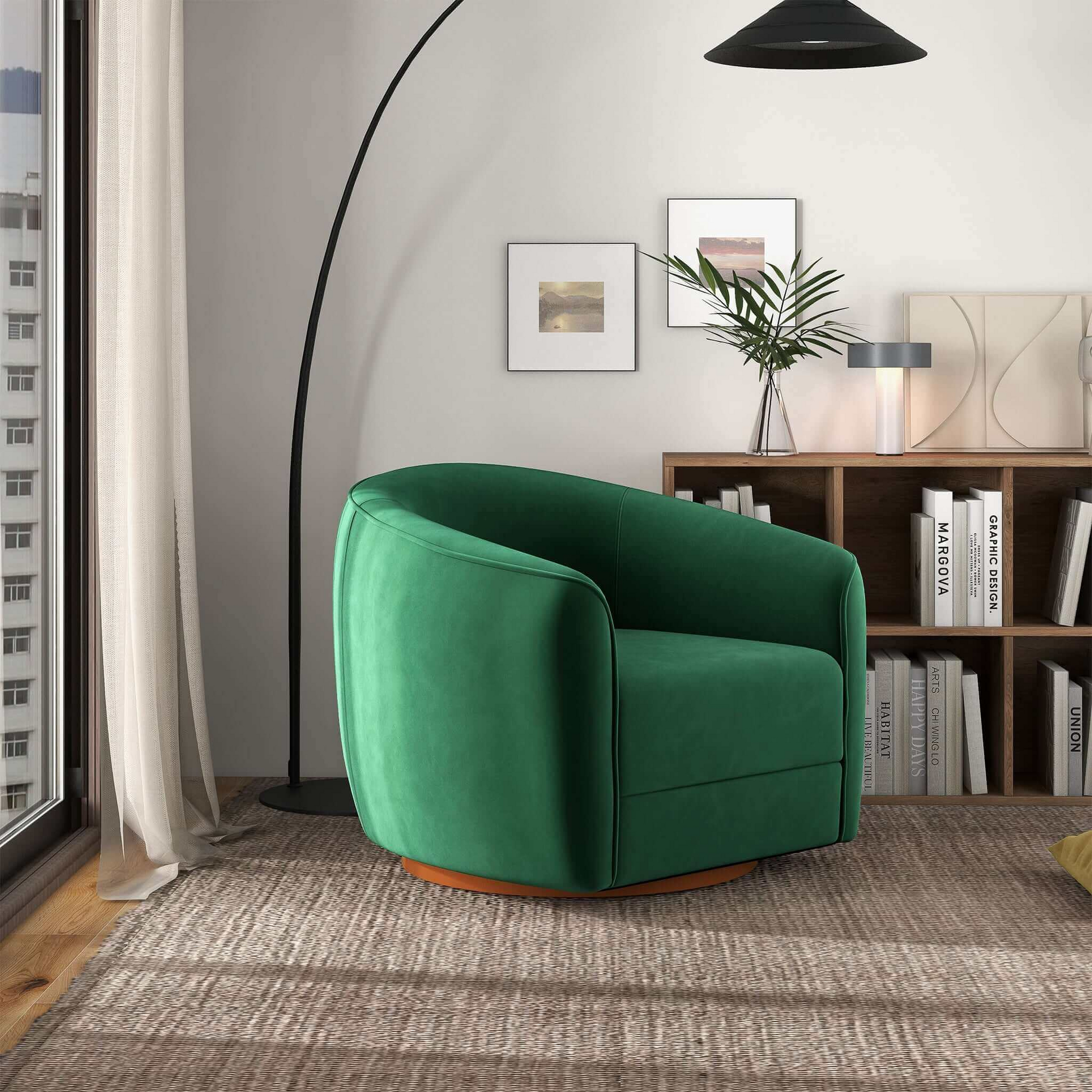 Modern green swivel accent chair in stylish living room with bookshelf and decor