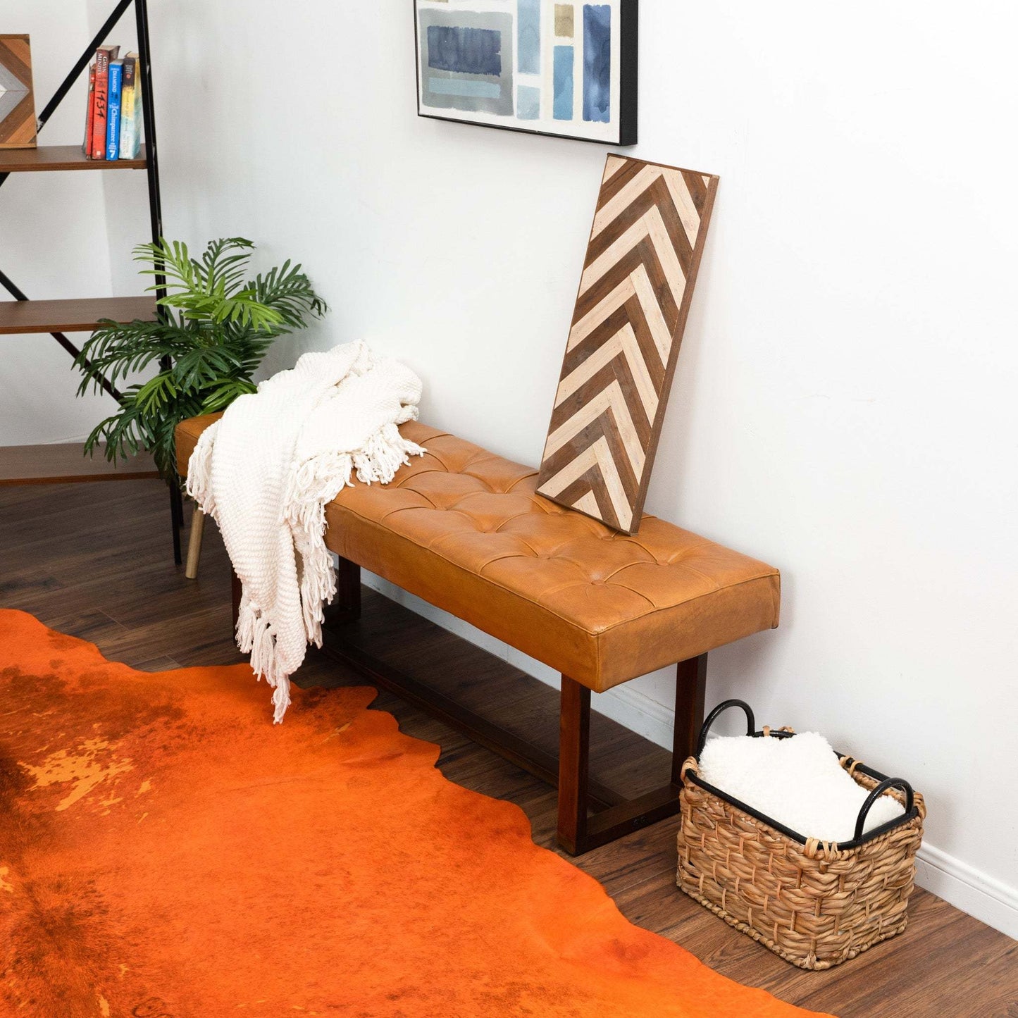 Cameron Mid-Century Modern Tan Leather Bench with Solid Wood Frame 17.5''H x 51''W x 16''D for Living Room Bedroom Waiting Room FredCo