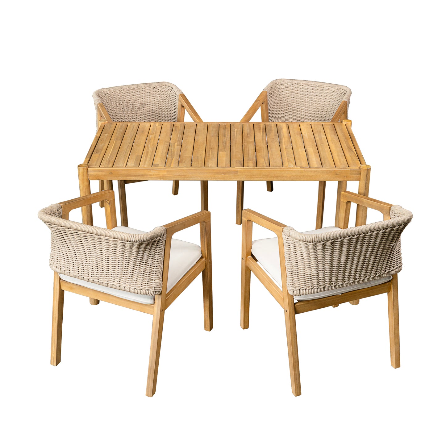 Acacia Wood Outdoor Dining Set of 5, Dining Furniture Set with 1 Table 4 Chairs, Teak and Beige