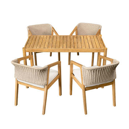 Acacia Wood Outdoor Dining Set of 5, Dining Furniture Set with 1 Table 4 Chairs, Teak and Beige