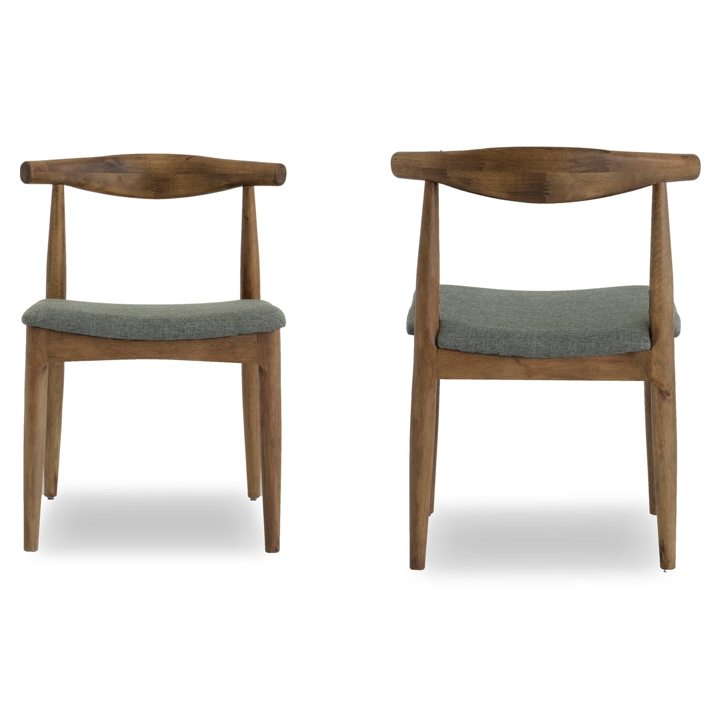 Pair of modern wooden dining chairs with curved backs and gray upholstered seats, FredCo International furniture