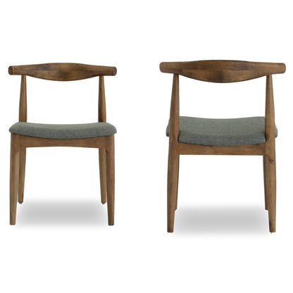 Pair of modern wooden dining chairs with curved backs and gray upholstered seats, FredCo International furniture