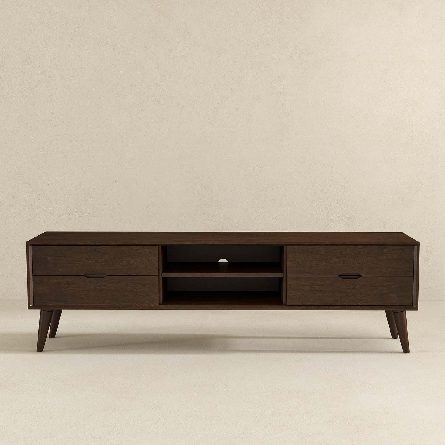 Mid-century modern dark wood TV stand with drawers and open shelves, FredCo International furniture