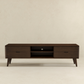 Mid-century modern dark wood TV stand with drawers and open shelves, FredCo International furniture