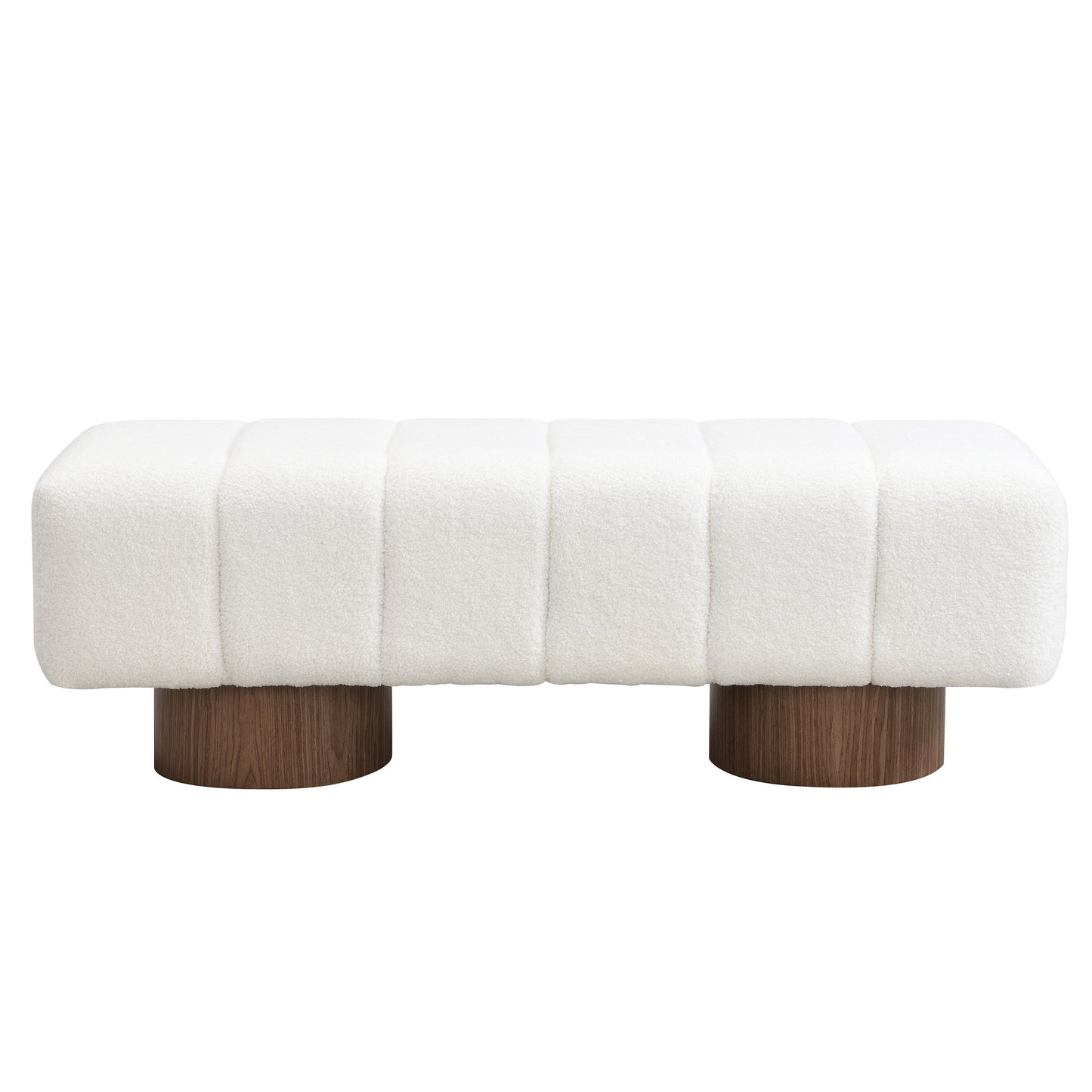 Upholstered Dining Bench for Dining Room, No-Assembly End of Bed Entryway Bench Ottoman for Bedroom Living Room, White Boucle Fabric Stool Top Wood Leg 300 LBS Weight Capacity