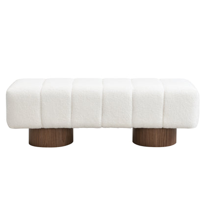 Upholstered Dining Bench for Dining Room, No-Assembly End of Bed Entryway Bench Ottoman for Bedroom Living Room, White Boucle Fabric Stool Top Wood Leg 300 LBS Weight Capacity