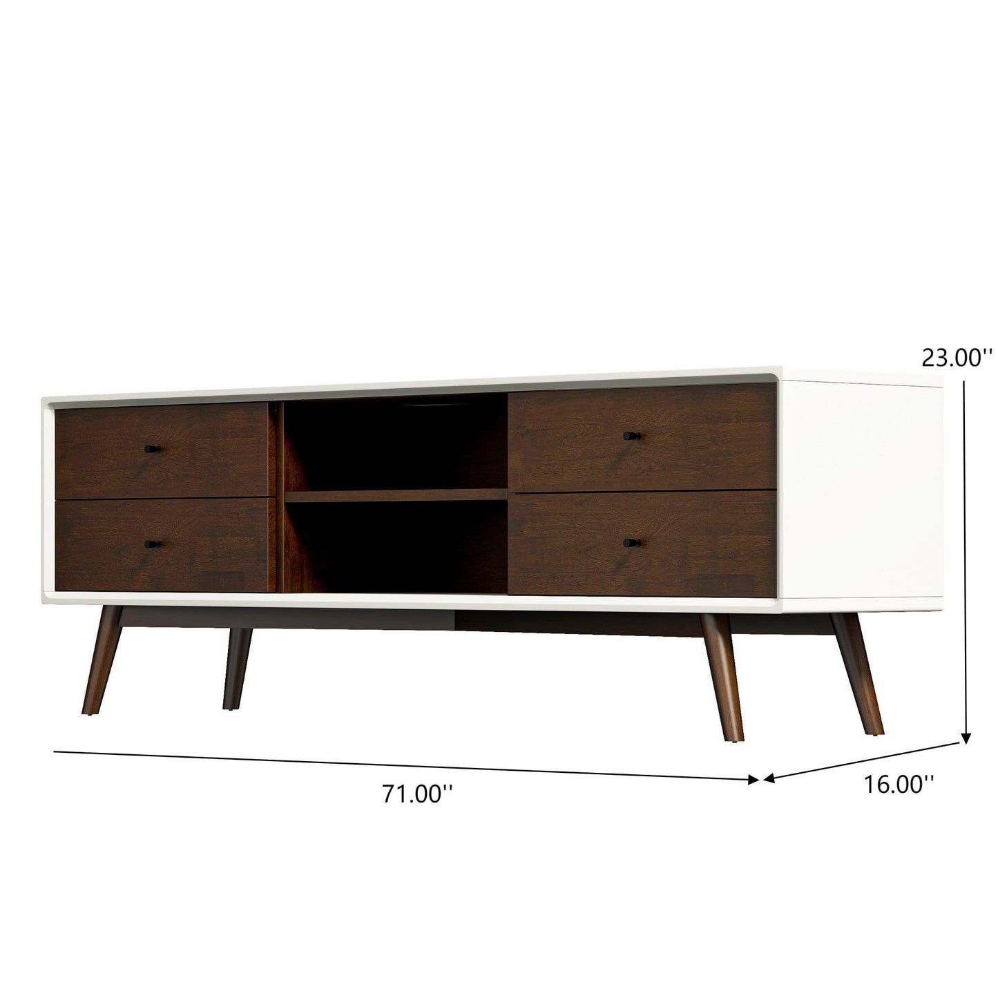 Modern TV stand with white frame, dark wood drawers, open shelves, and dimensions 71x16x23 inches