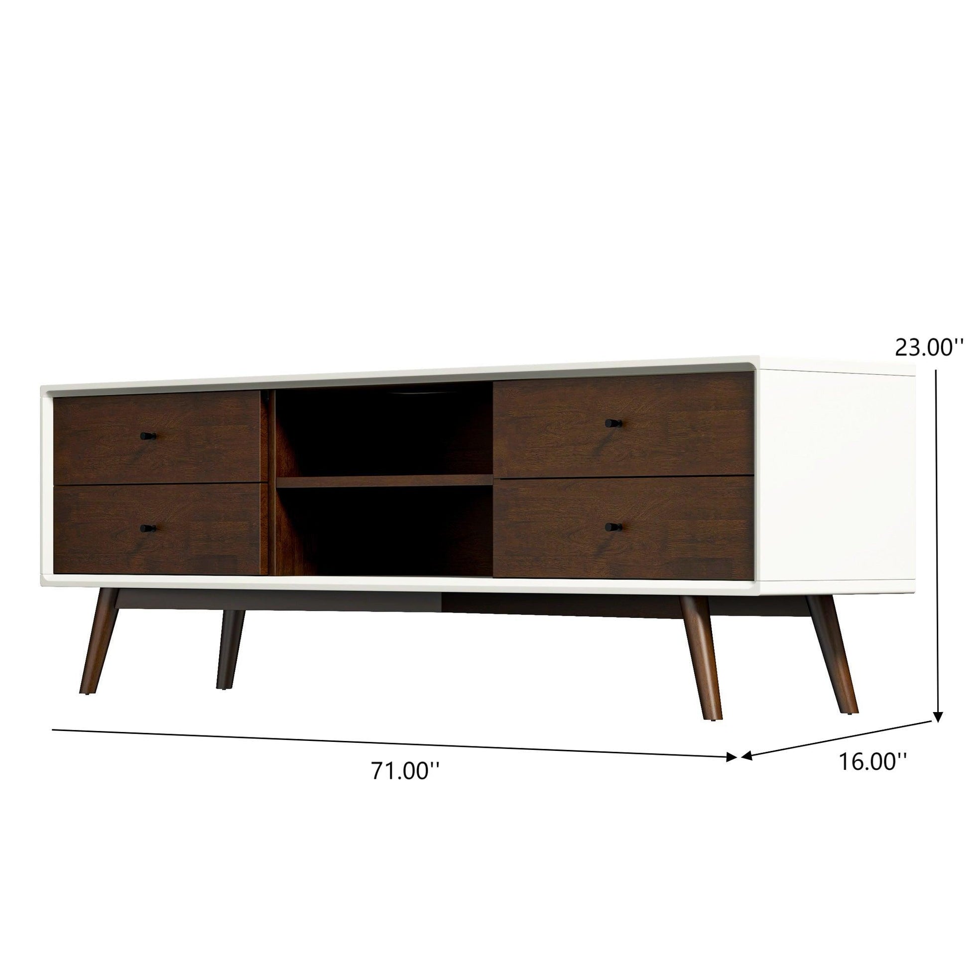 Modern TV stand with white frame, dark wood drawers, open shelves, and dimensions 71x16x23 inches