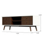 Modern TV stand with white frame, dark wood drawers, open shelves, and dimensions 71x16x23 inches