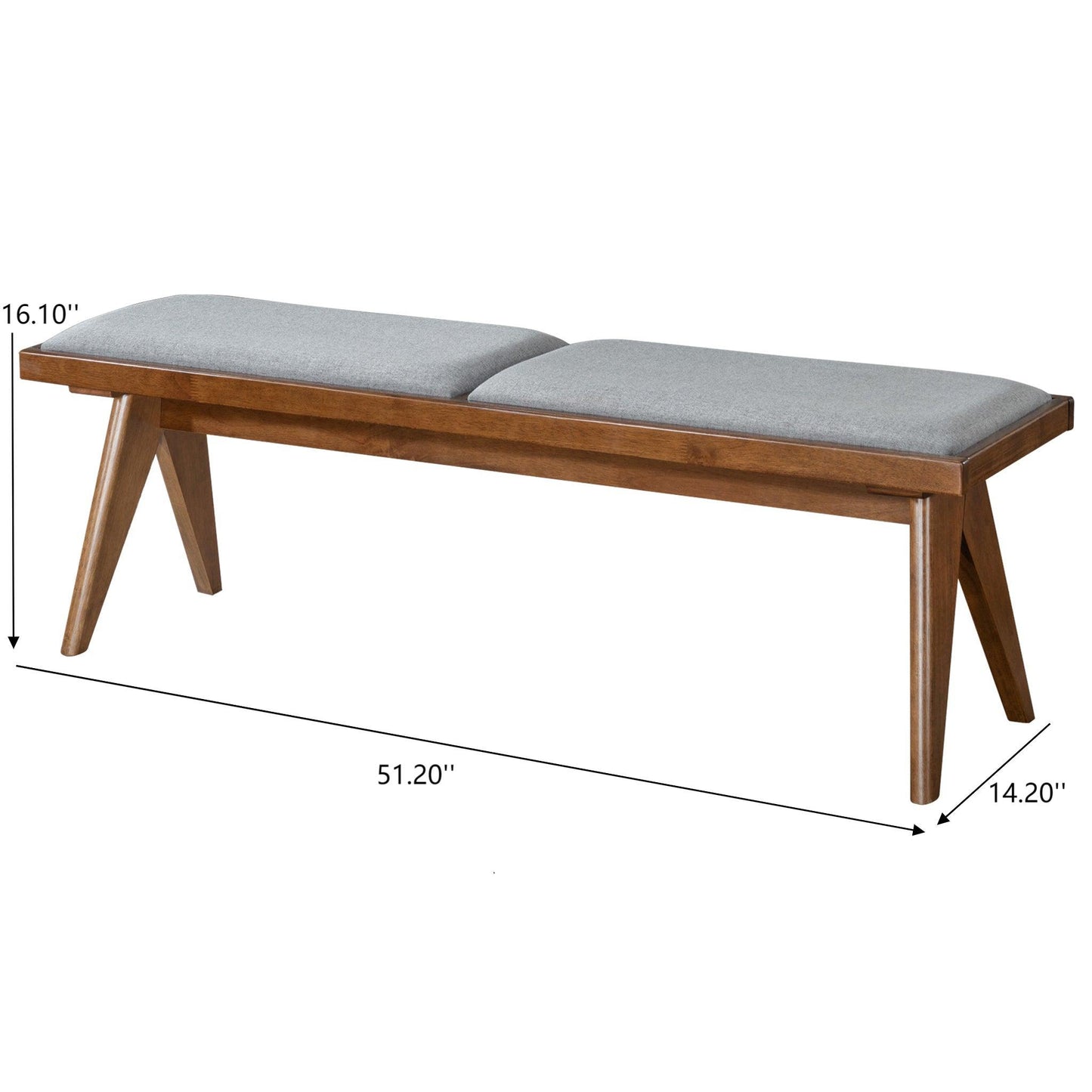 Mid-century modern wood bench with gray upholstered seat, dimensions shown, FredCo International furniture