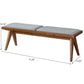 Mid-century modern wood bench with gray upholstered seat, dimensions shown, FredCo International furniture