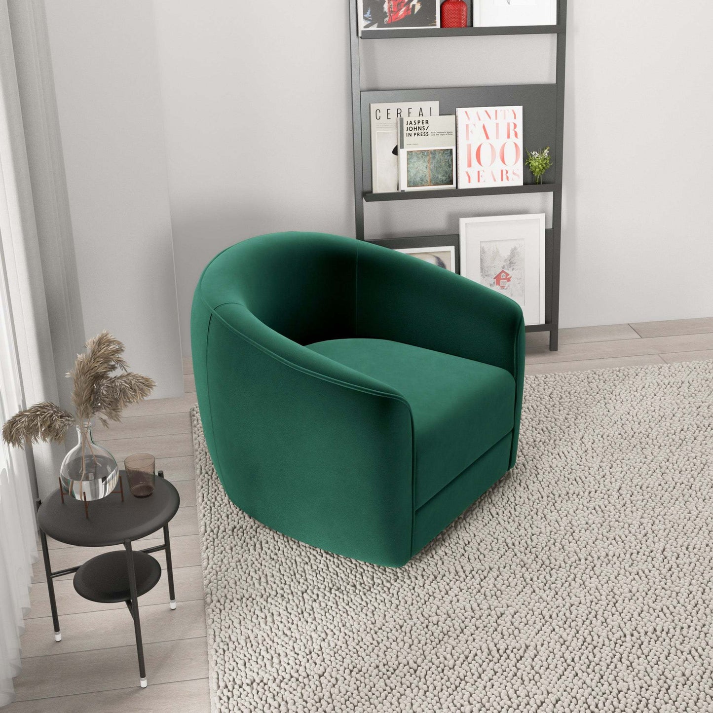 Modern green velvet accent chair in stylish living room with neutral rug and bookshelf, FredCo International furniture