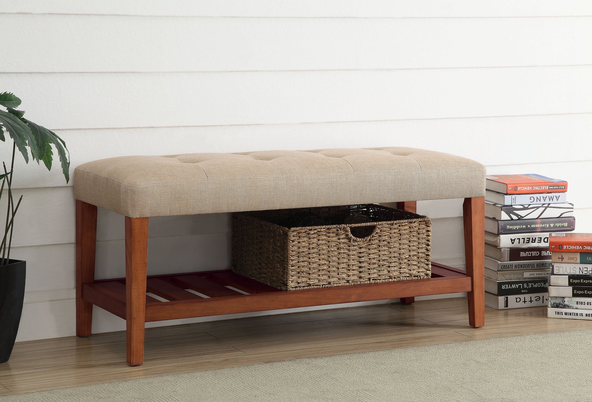 Charla Beige Fabric & Oak Finish Bench FredCo