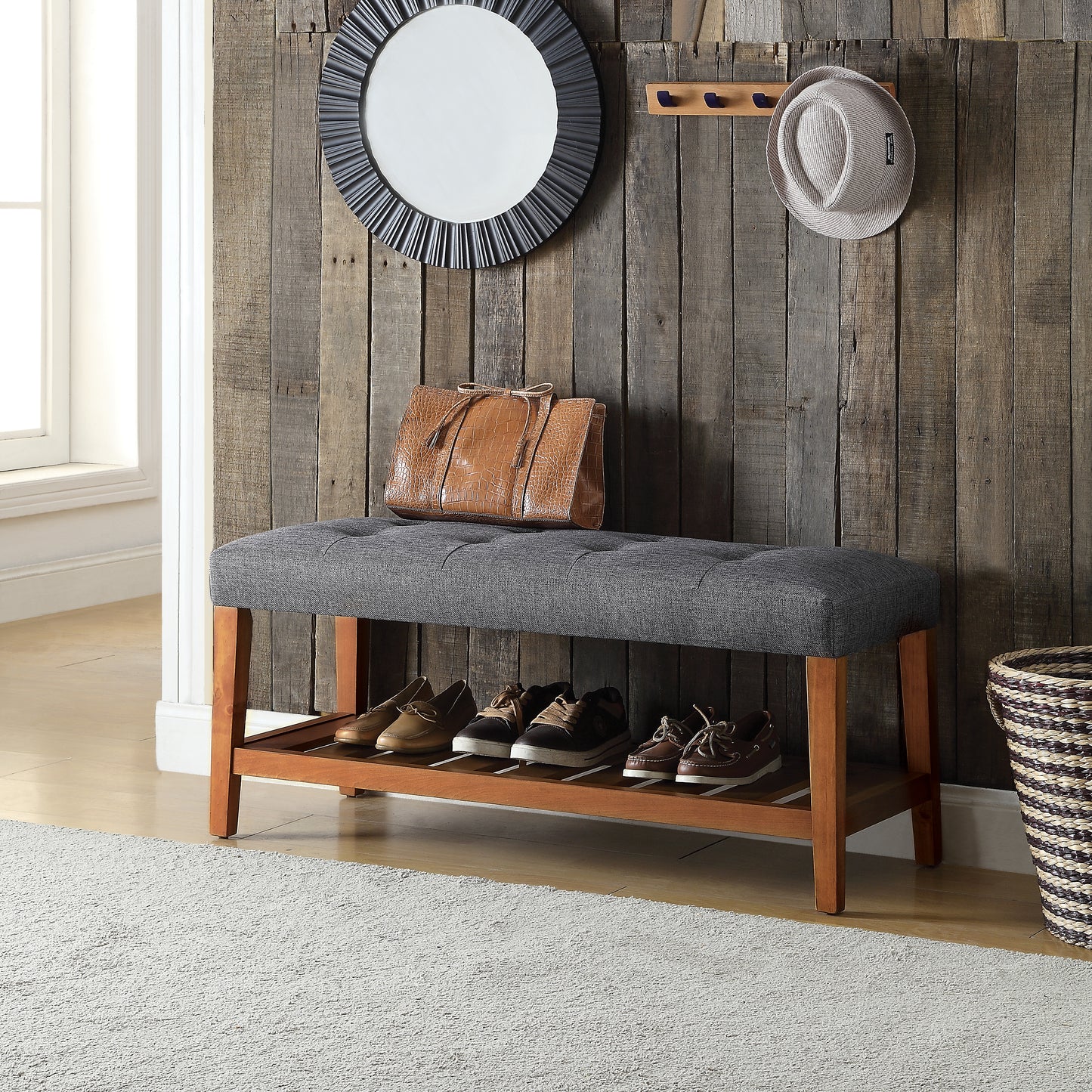 Charla Gray Fabric & Oak Finish Bench FredCo