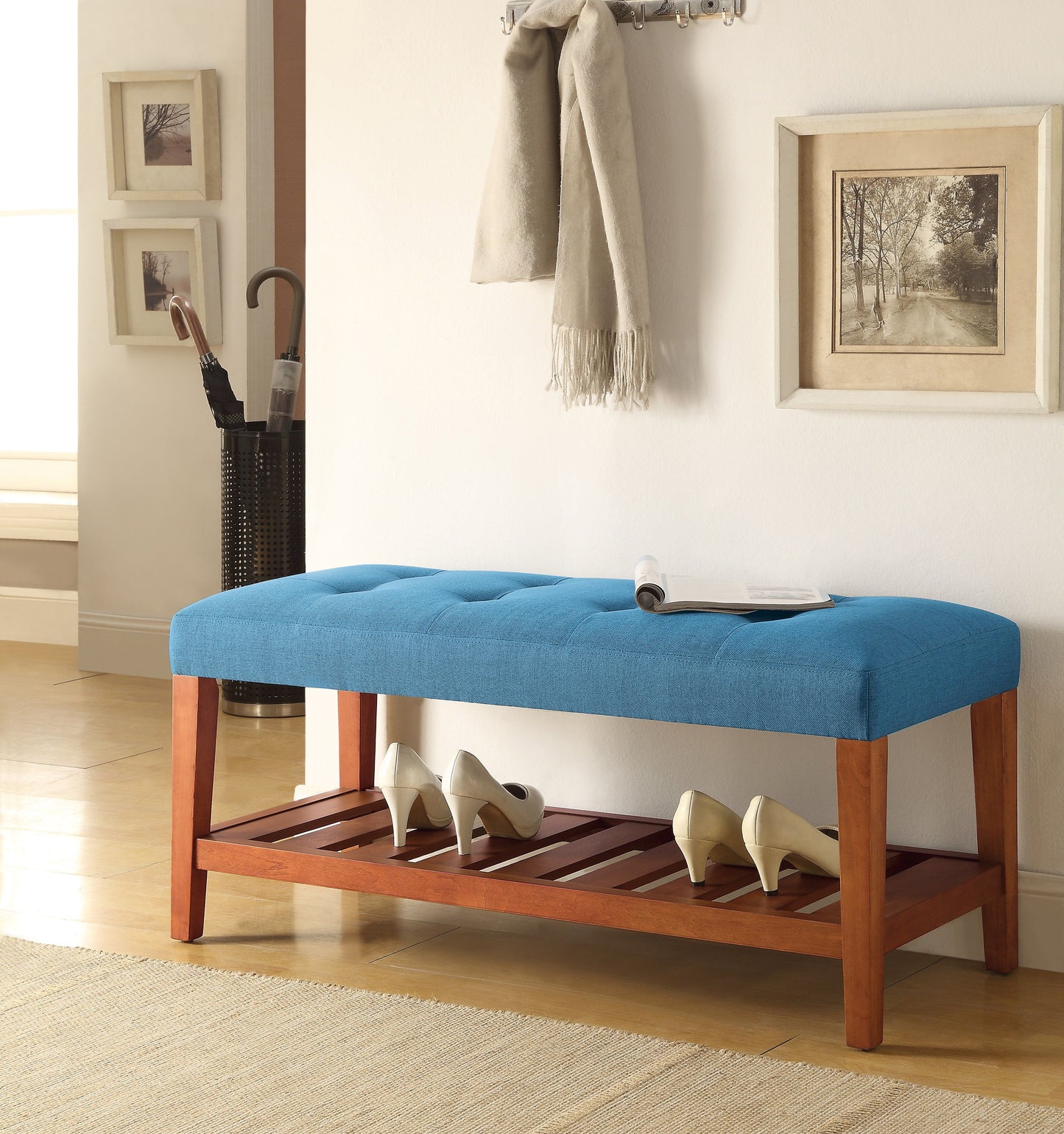 Charla Light Blue Fabric & Oak Finish Bench FredCo