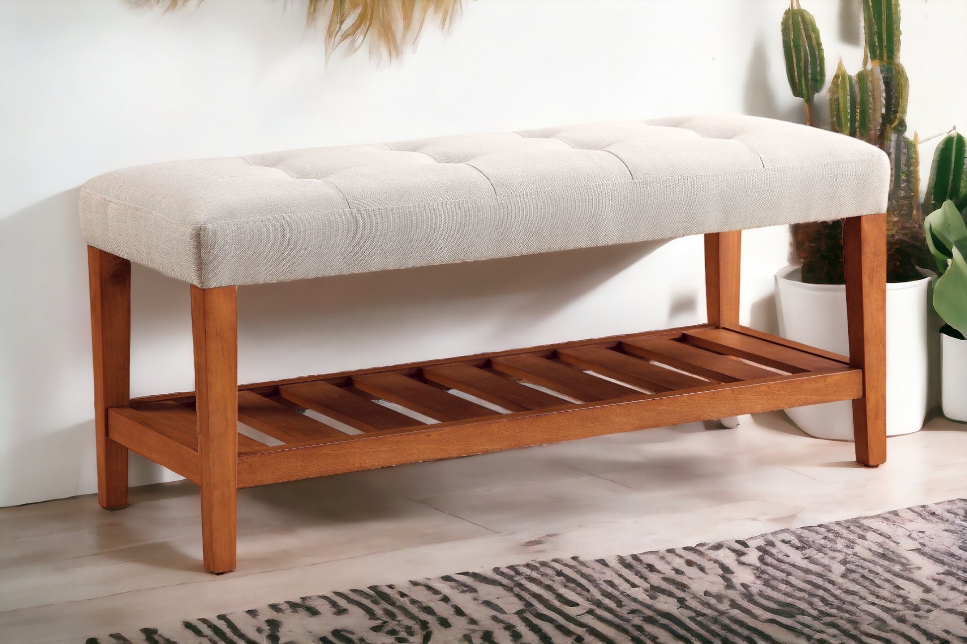 Charla Light Gray Fabric & Oak Finish Bench FredCo