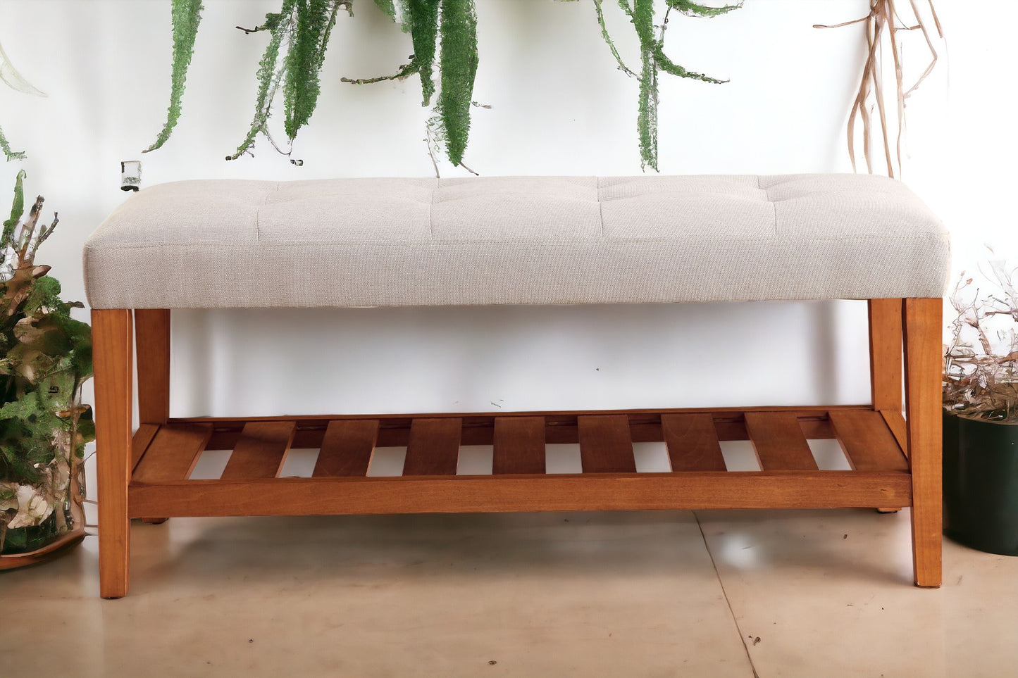 Charla Light Gray Fabric & Oak Finish Bench FredCo