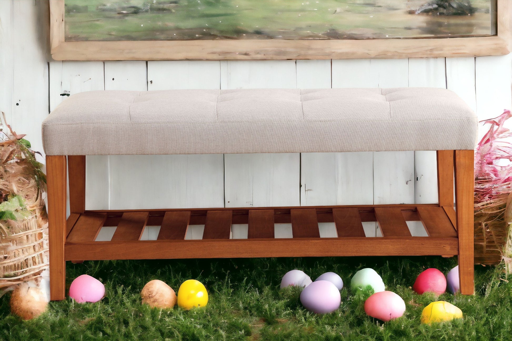 Charla Light Gray Fabric & Oak Finish Bench FredCo