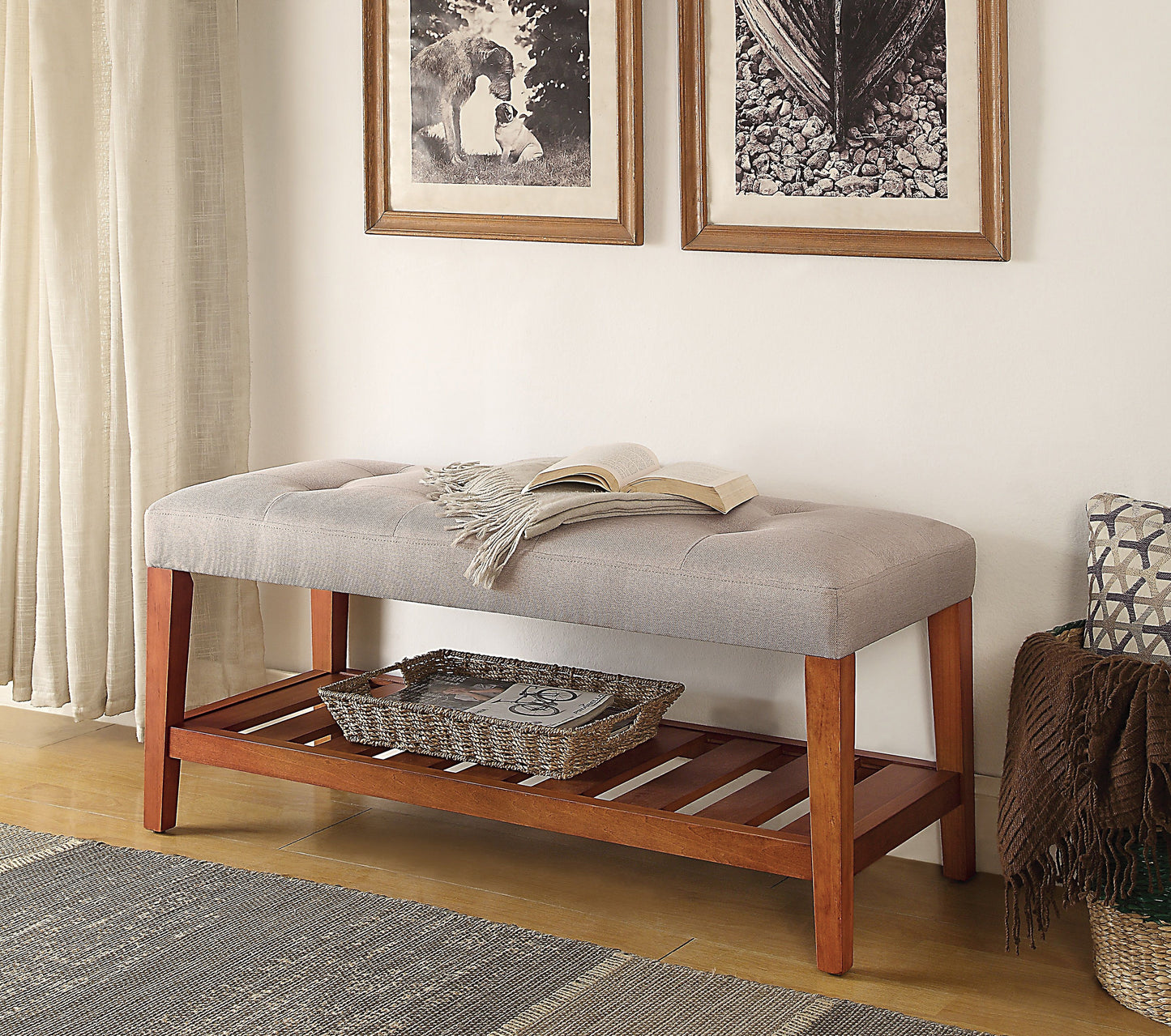 Charla Light Gray Fabric & Oak Finish Bench FredCo