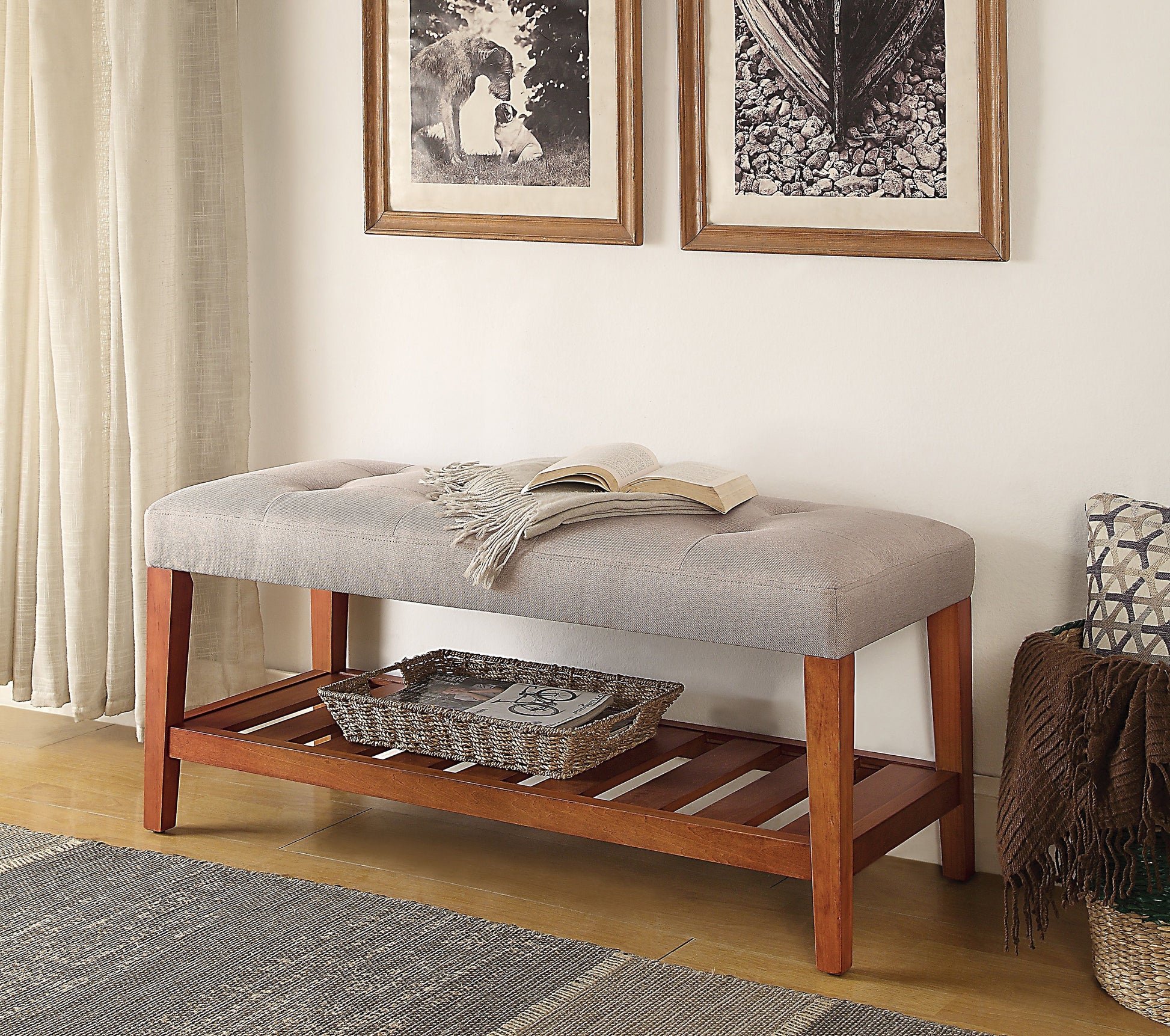 Charla Light Gray Fabric & Oak Finish Bench FredCo