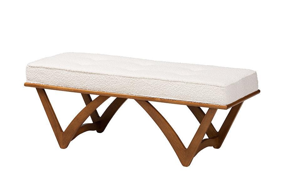 Chenoa Japandi Cream Boucle Fabric and Walnut Brown Finished Wood Bench FredCo