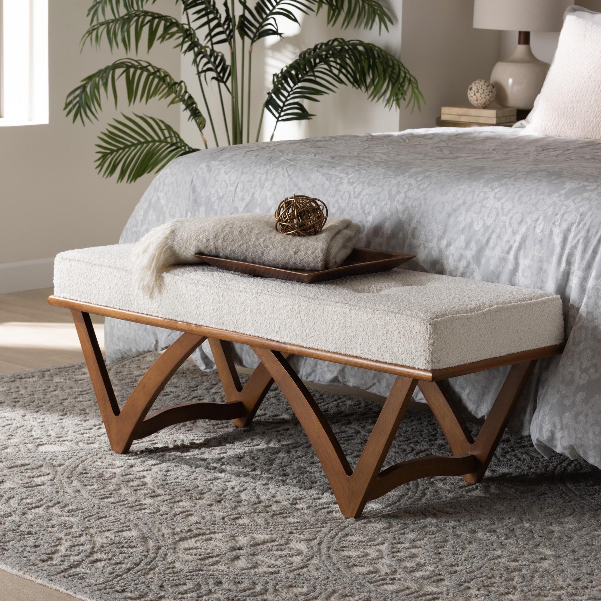 Chenoa Japandi Cream Boucle Fabric and Walnut Brown Finished Wood Bench FredCo