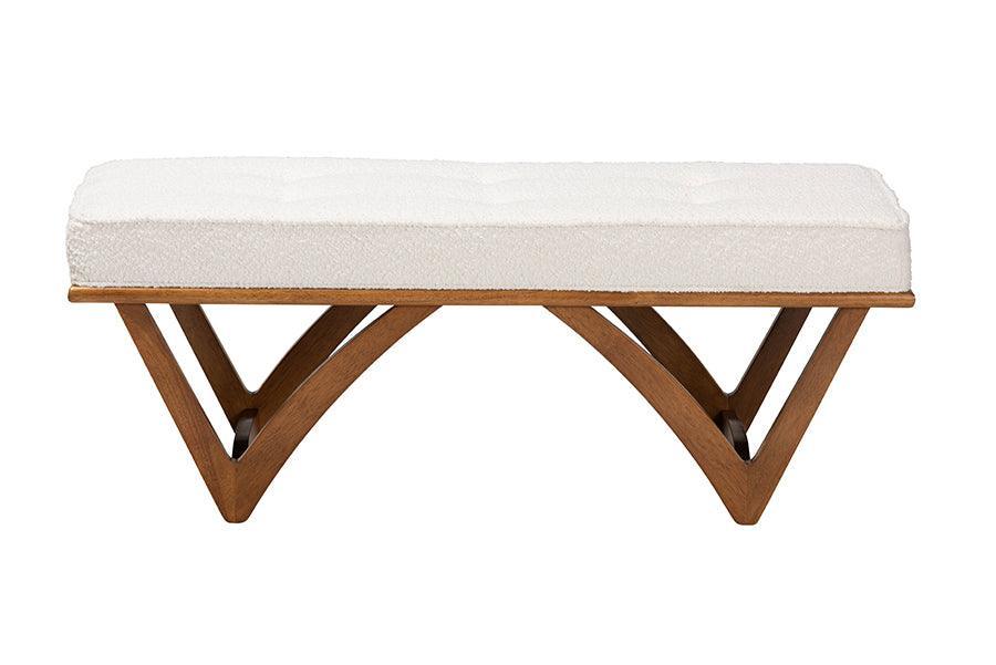 Chenoa Japandi Cream Boucle Fabric and Walnut Brown Finished Wood Bench FredCo