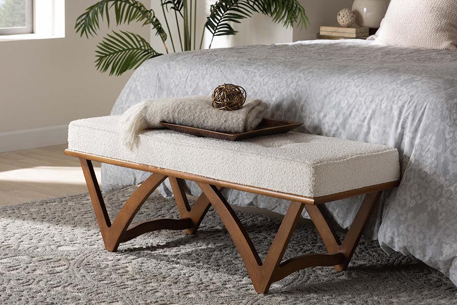 Chenoa Japandi Cream Boucle Fabric and Walnut Brown Finished Wood Bench FredCo