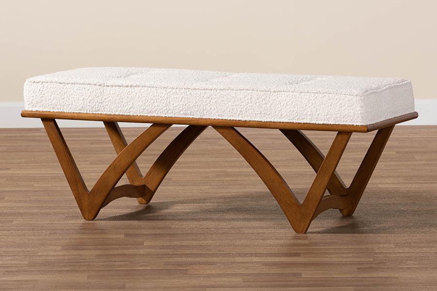 Chenoa Japandi Cream Boucle Fabric and Walnut Brown Finished Wood Bench FredCo