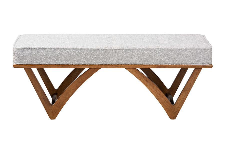 Chenoa Japandi Light Grey Boucle Fabric and Walnut Brown Finished Wood Bench FredCo